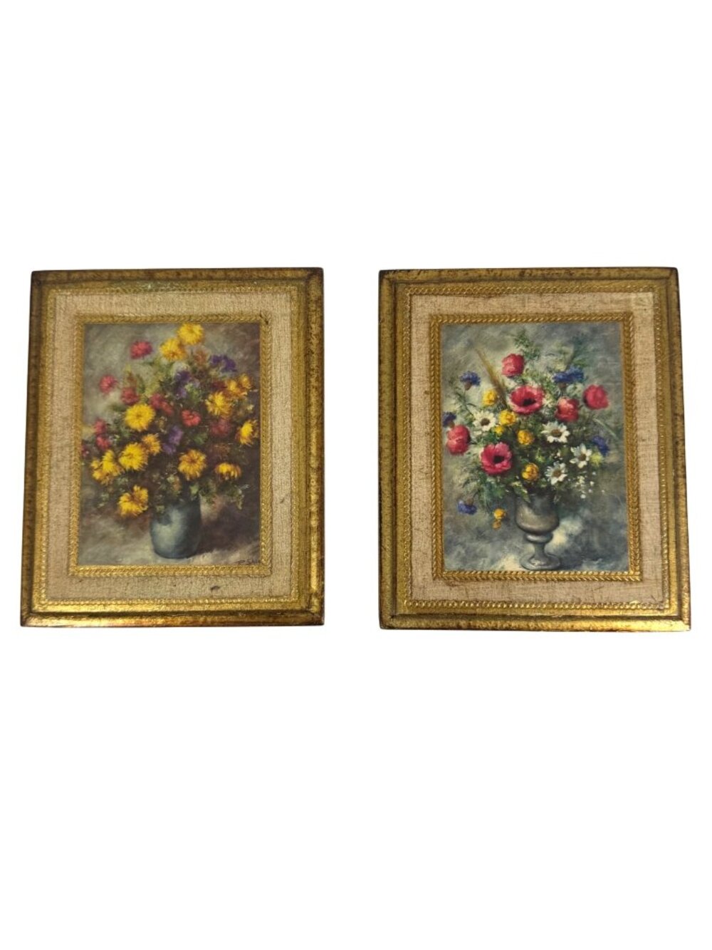 Set Of 2 Italian Floral Still Life Prints Embossed Ornate Gilt Wood Gold Frames